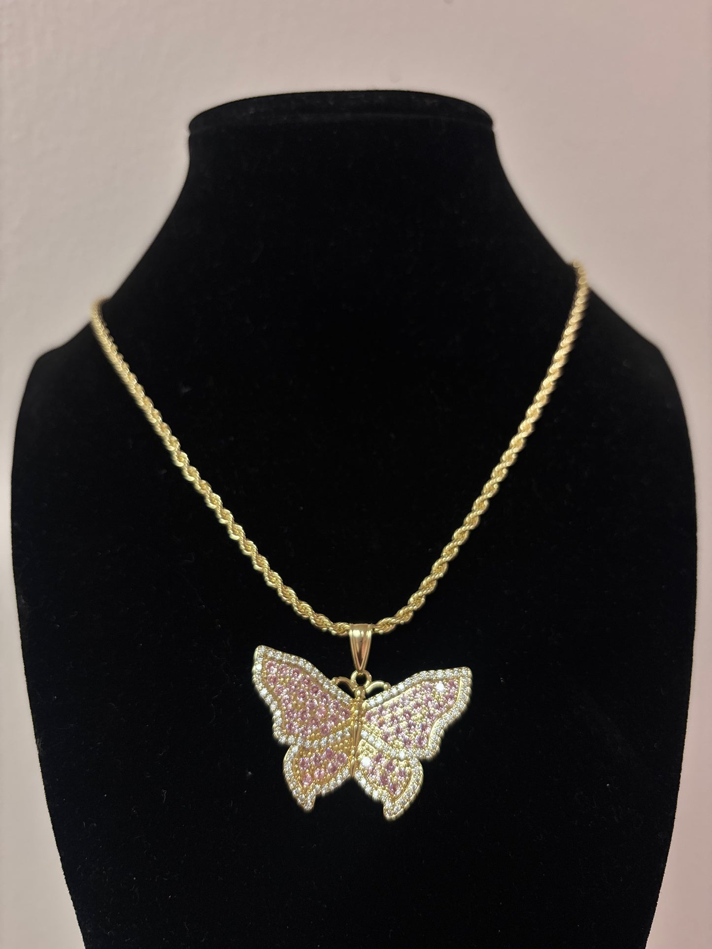 18k gold plated pink butterfly rope necklace