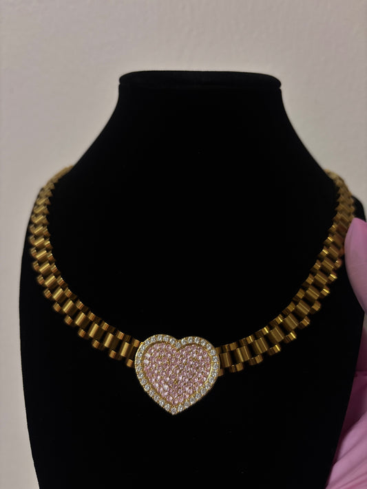 14k gold plated pink heart Rolex chain