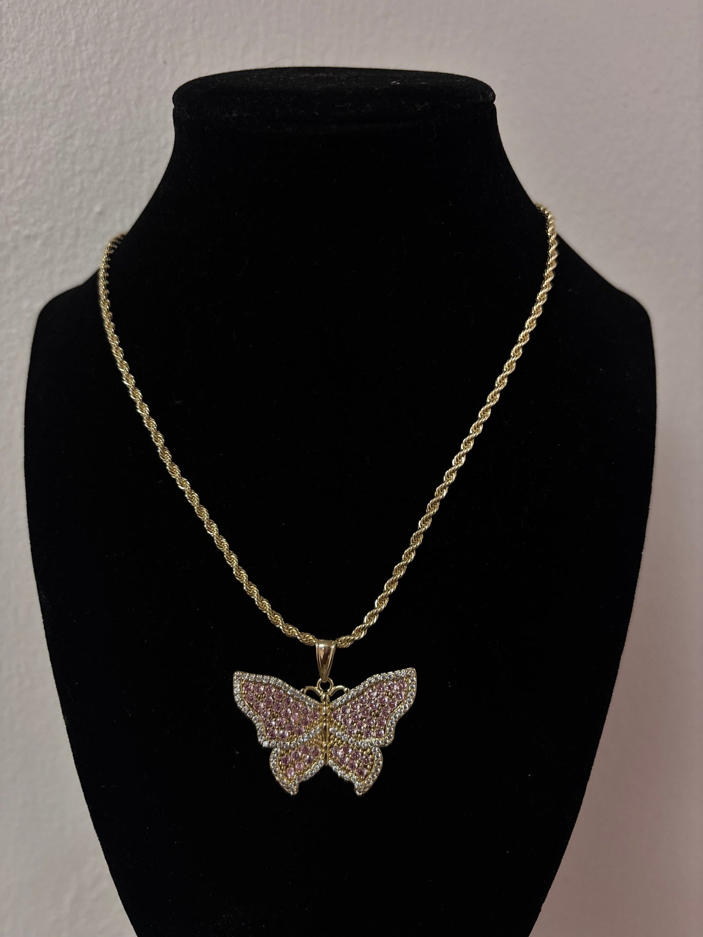 18k gold plated pink butterfly rope necklace