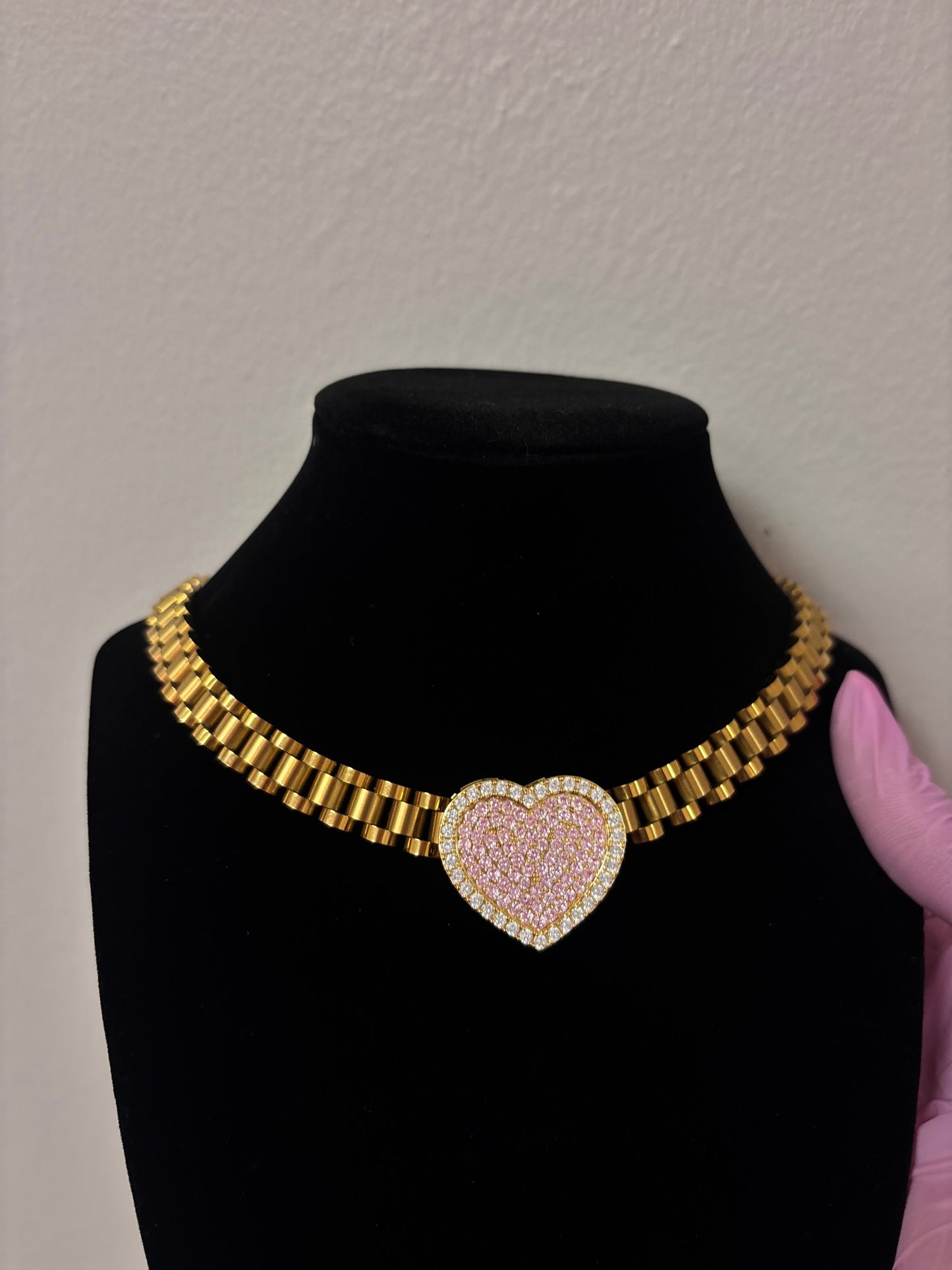 14k gold plated pink heart Rolex chain