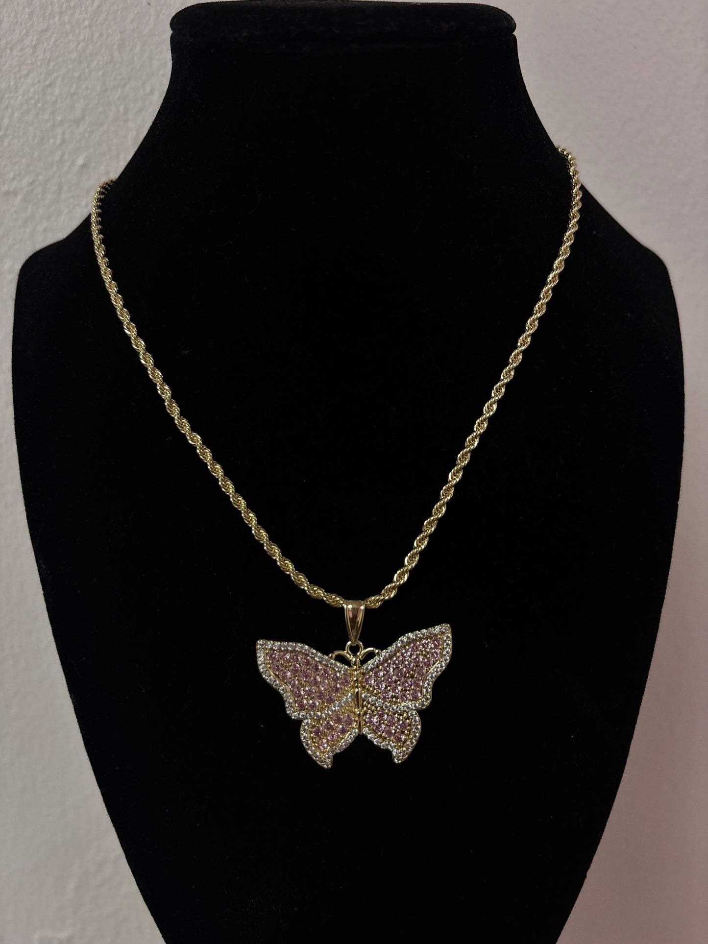 18k gold plated pink butterfly rope necklace
