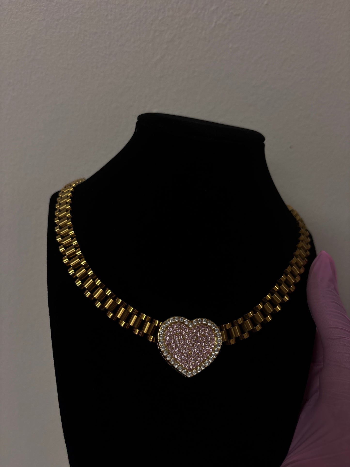 14k gold plated pink heart Rolex chain