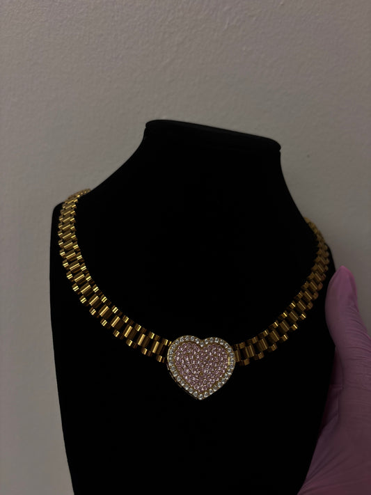 14k gold plated pink heart Rolex chain