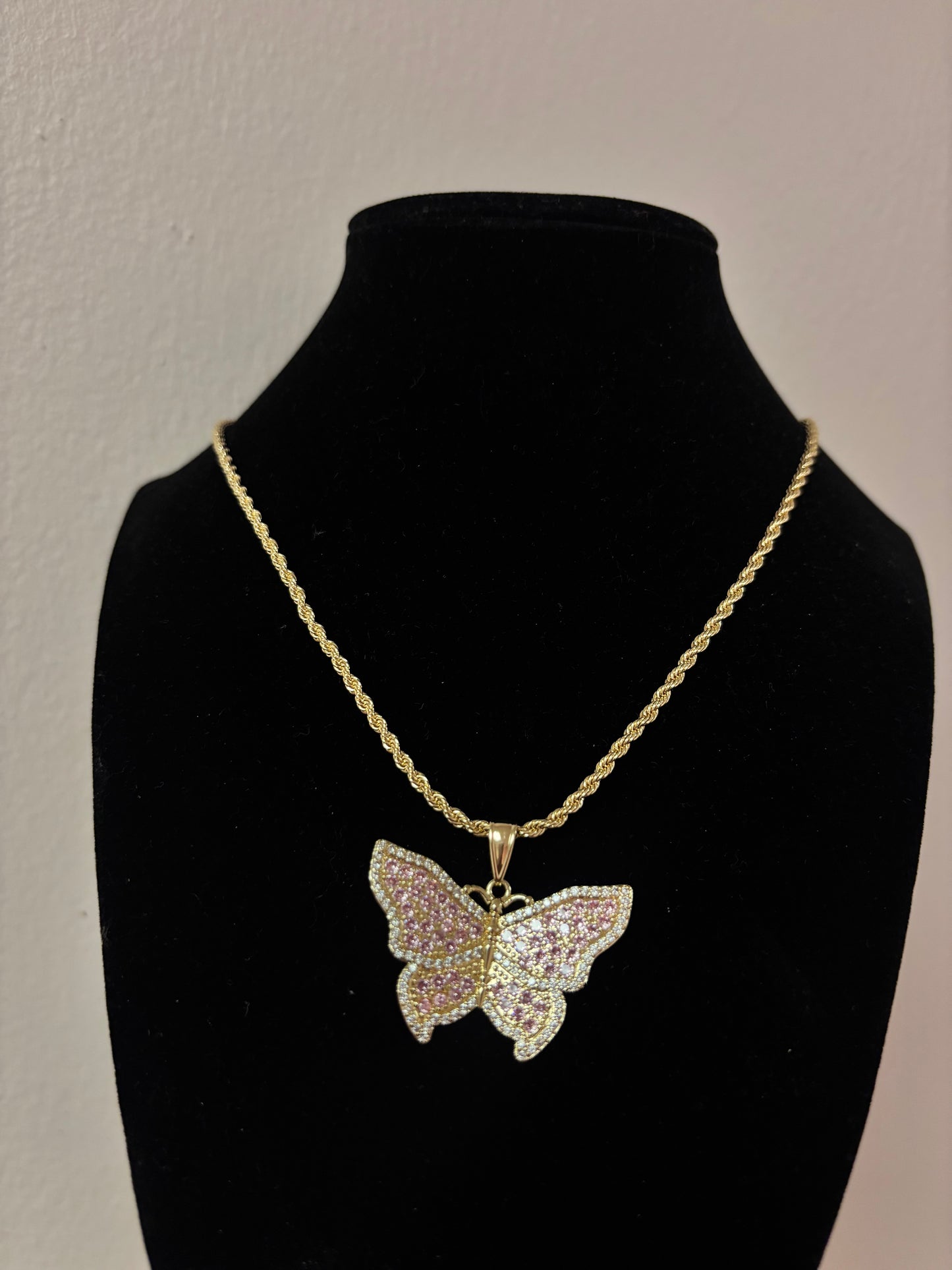 18k gold plated pink butterfly rope necklace