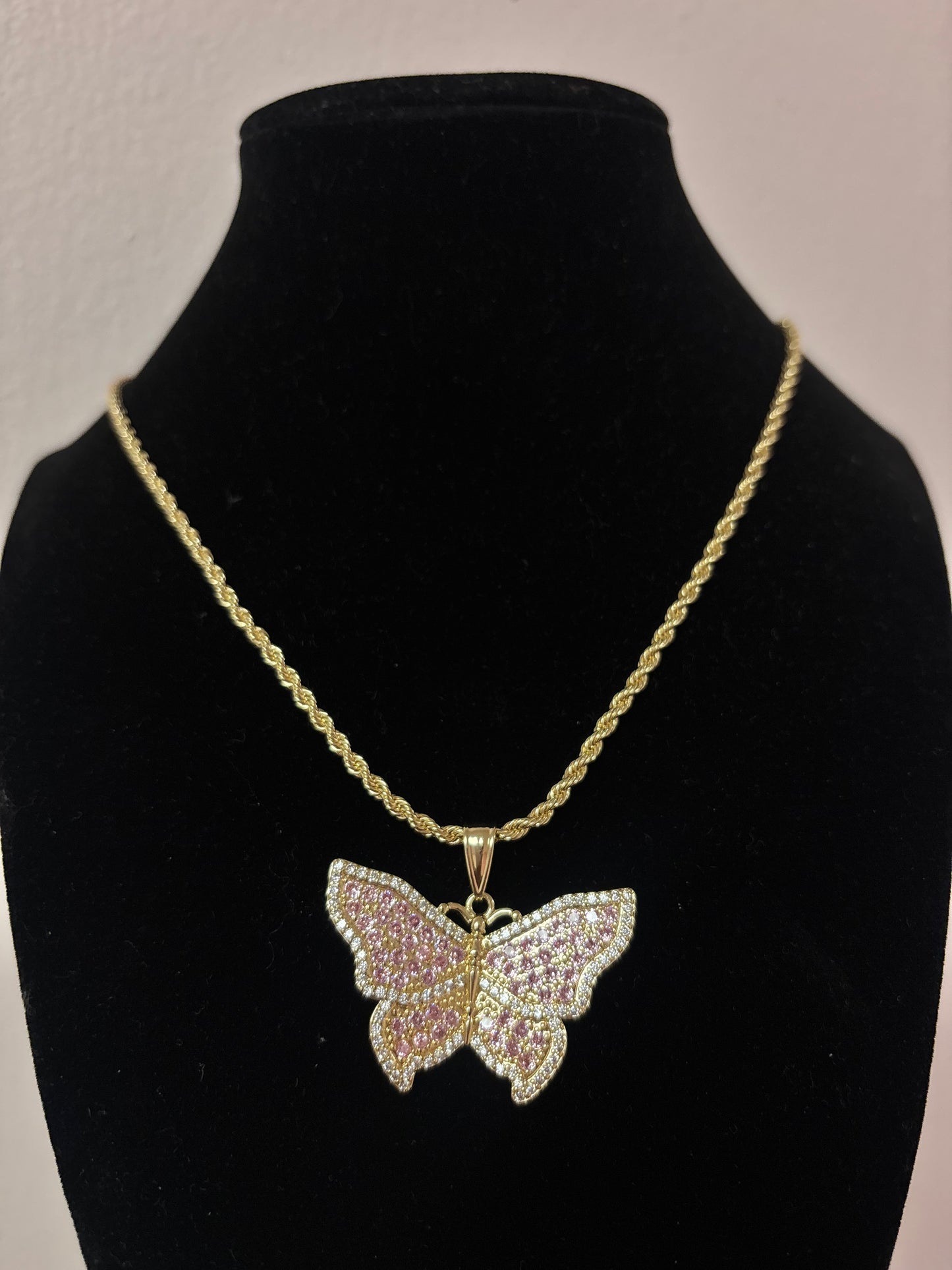 18k gold plated pink butterfly rope necklace