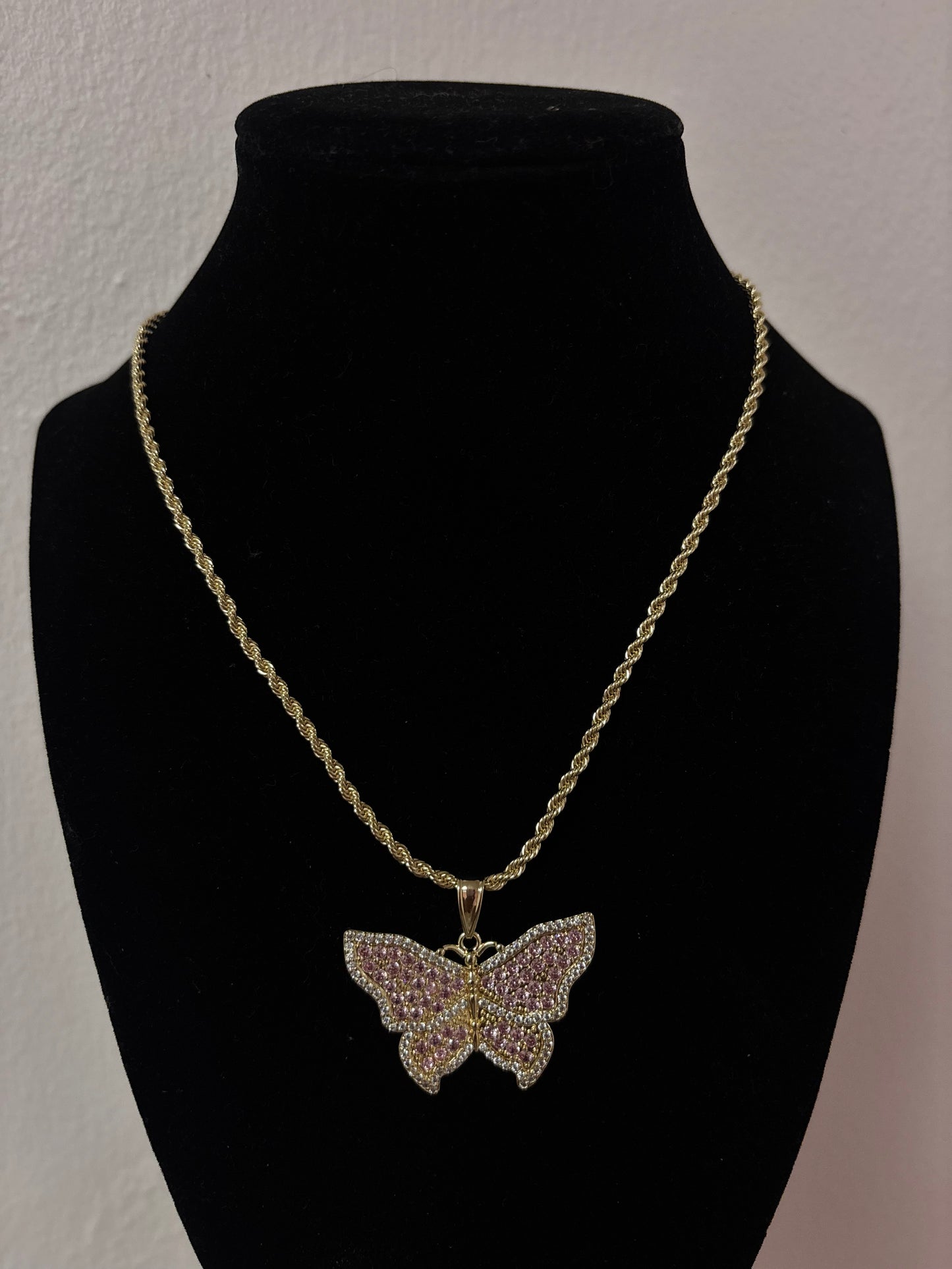 18k gold plated pink butterfly rope necklace