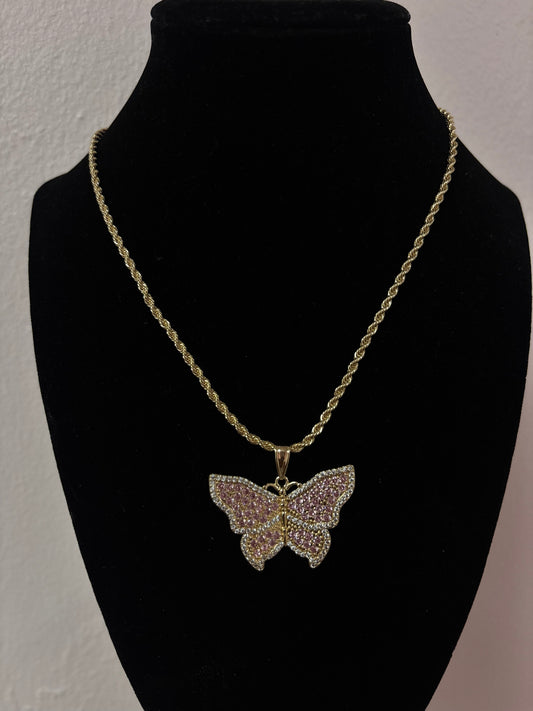 18k gold plated pink butterfly rope necklace